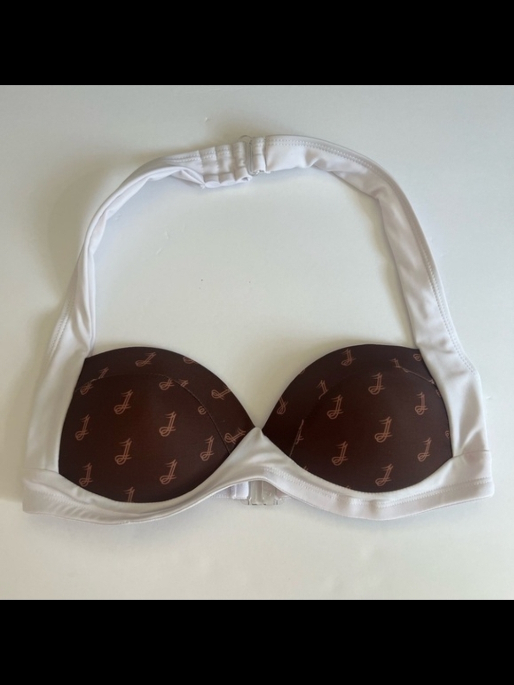 White Halter Push-Up Bikini Top with Brown Pattern Only Top